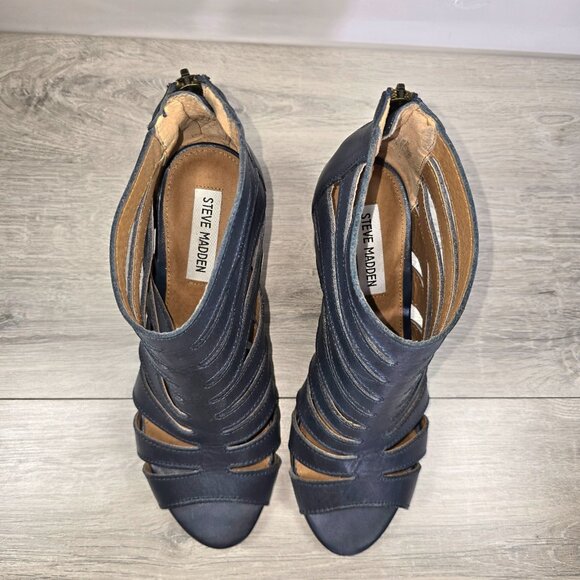Steve Madden Leather Gladiator Sandals Sz 9B Navy Blue Block Heels Peep Toe - Picture 3 of 8